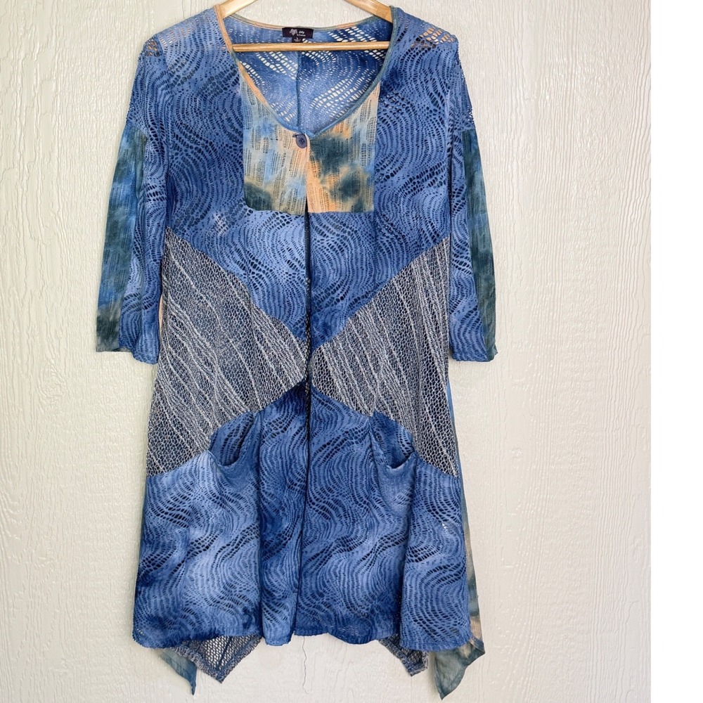 Lily by Firmiana Blue Tie Dye Mixed Media Open Knit Crochet Tunic Top L Pockets